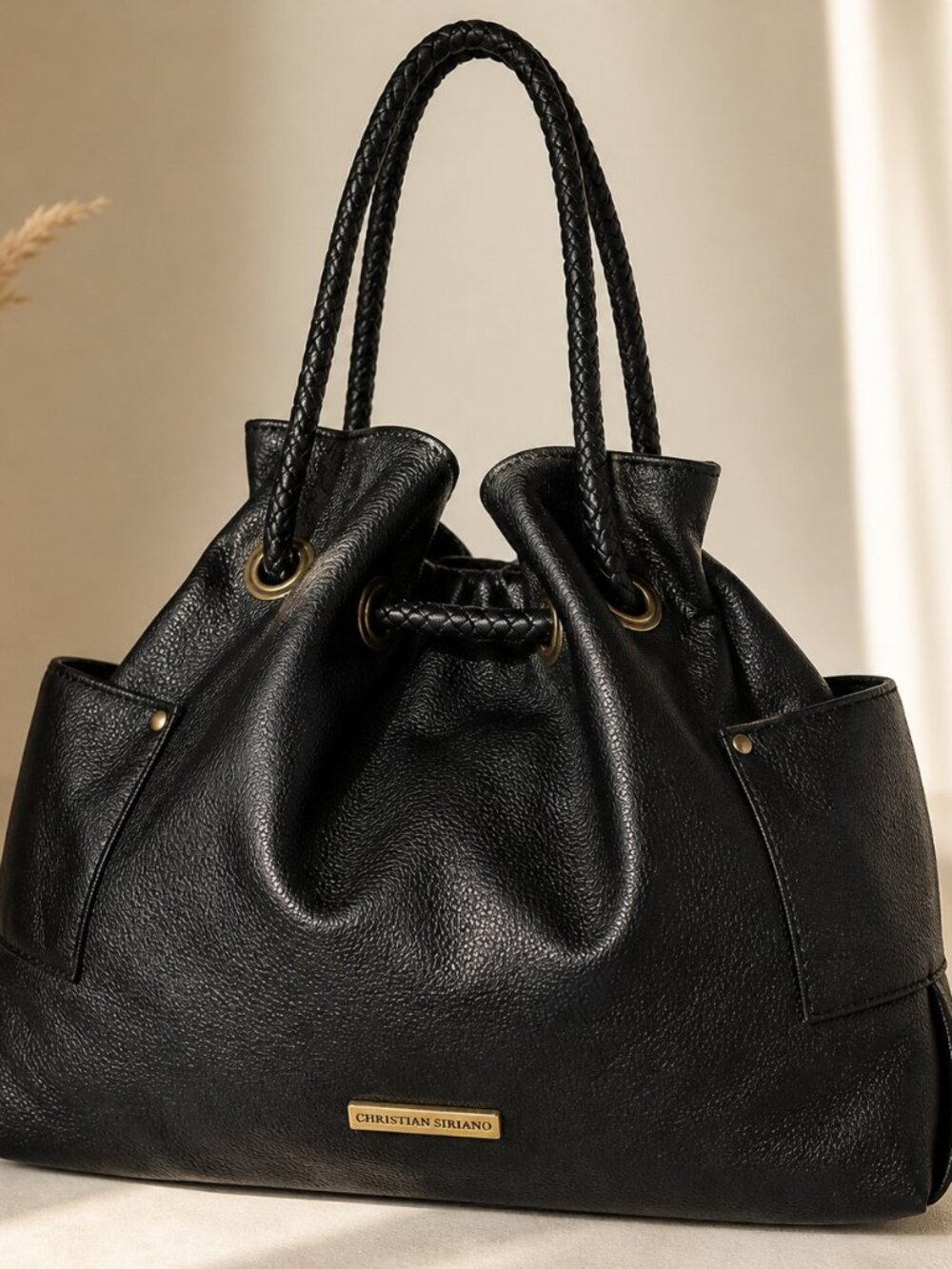 Christian Siriano Black Leather Drawstring Tote Bag Braided Handle - Picture 4 of 5